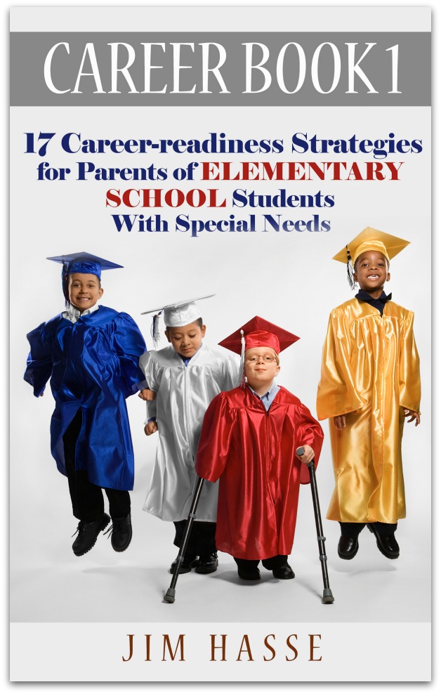 Cover of Career Book 1 showing 4 elementary school students in graduation cap and cowns -- one with crutches.