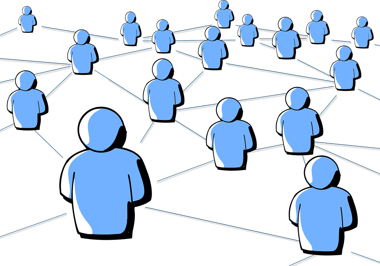 Social Network: Stick figures connected in a social network resembling a checkboard.