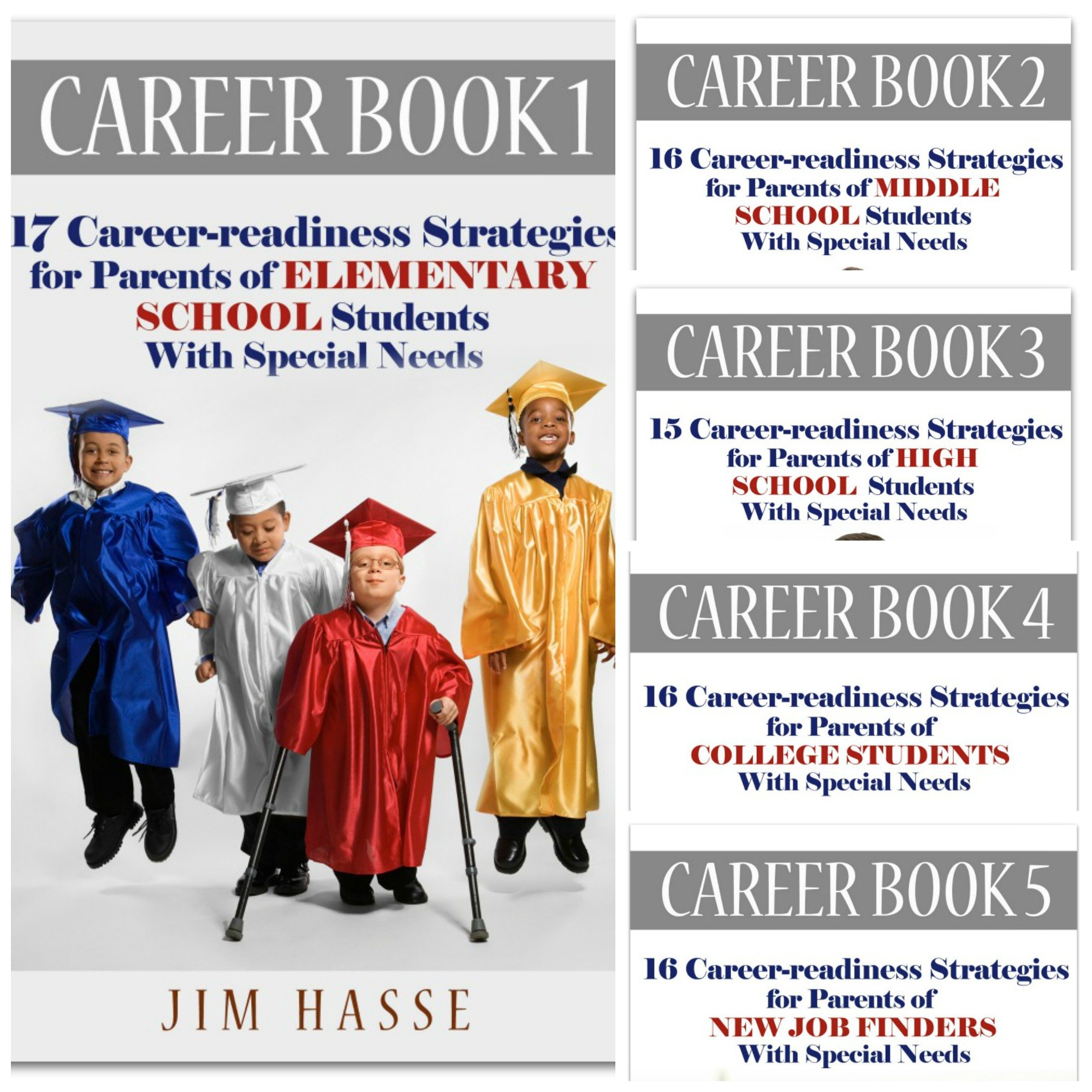 Cover of Career Book 1 showing 4 elementary school students in graduation cap and cowns -- one with crutches. Covers of other four Career Books are shown in a smaller sidebar