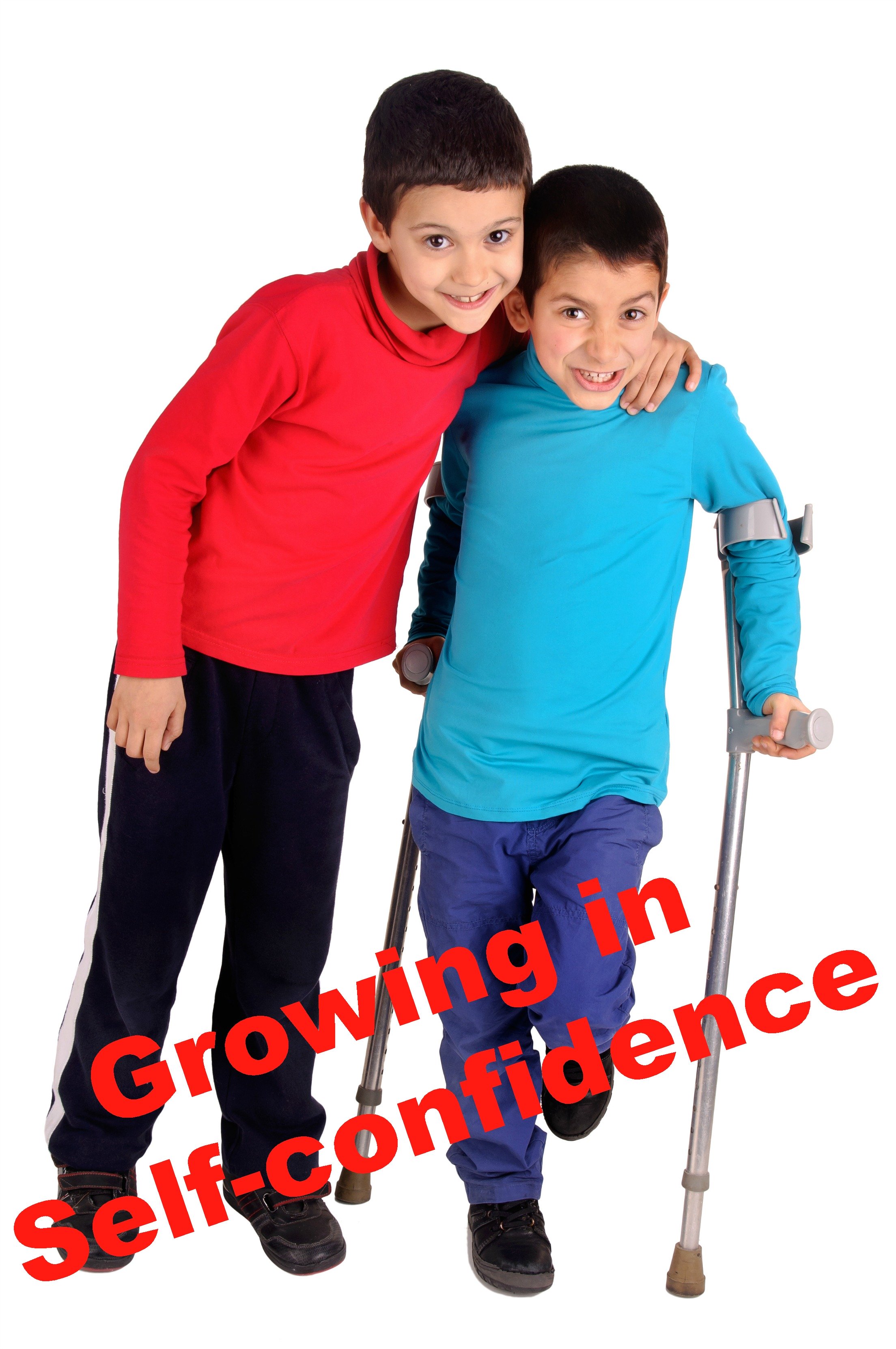 Two elemetary-school boys (one with crutches) supporting each other as they both stand. Caption: 