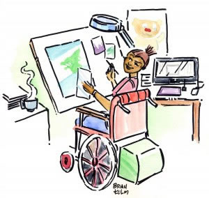 Colorful illustration showing woman in wheelchair at drafting table and the importance of effective goal setting.