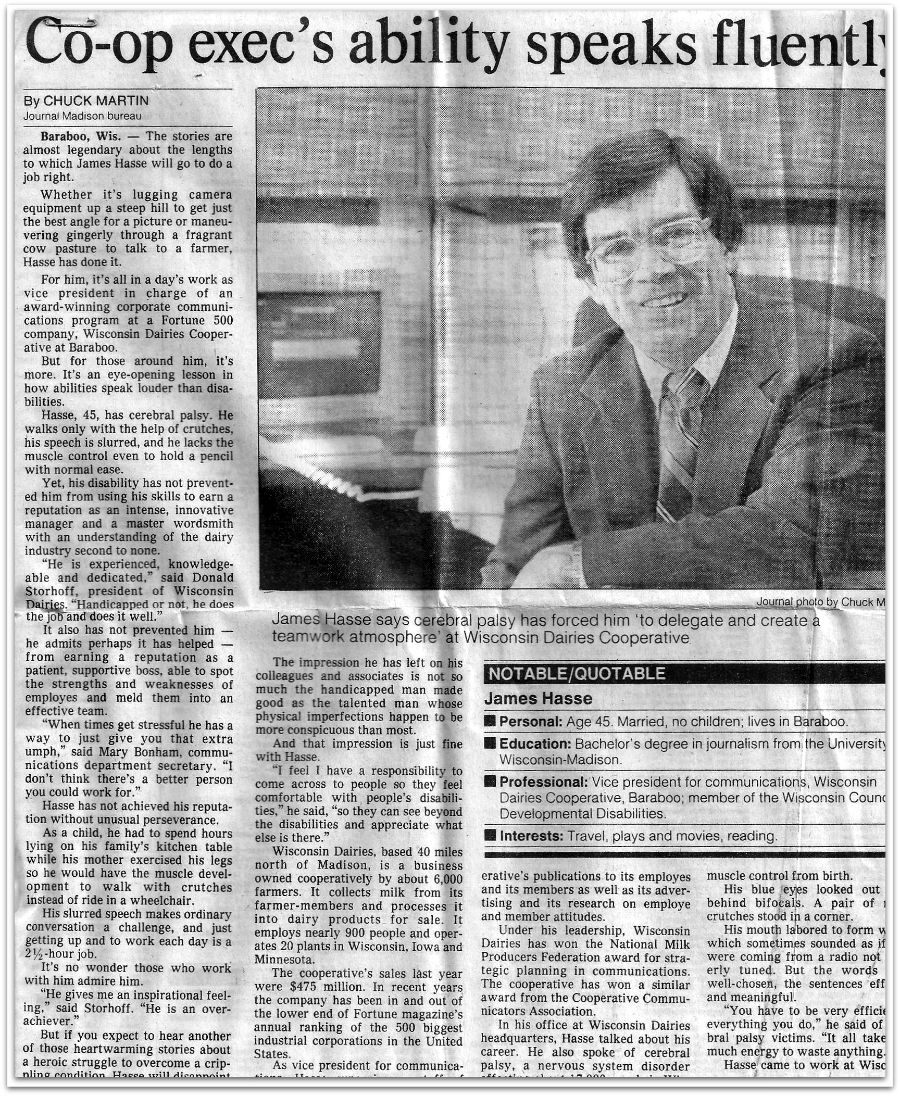 1985 Milwaukee Journal article about Jim Hasse titled: "Co-op Executive's Ability Speaks Fluently"