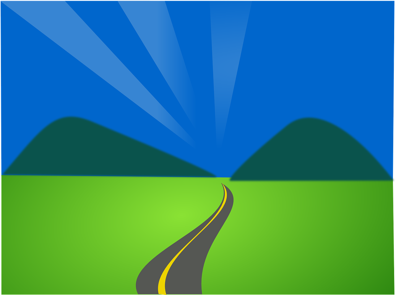 The right college courses are a path to the future: illustration showing highway leading to distant mountains.